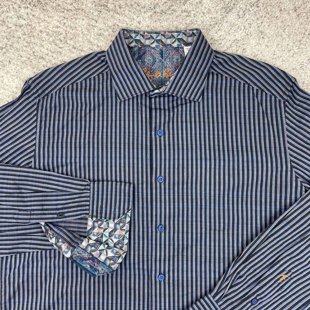 Robert Graham Shirt Men Large Flip Cuff Classic Fit Striped Geometric Black Blue - Picture 1 of 12